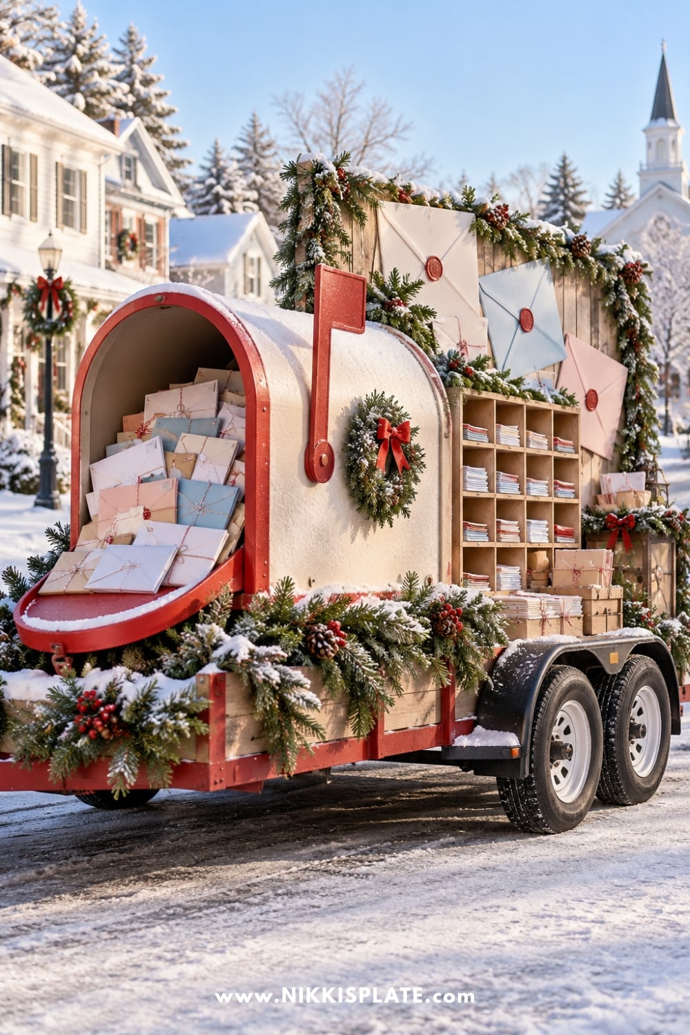 Christmas mailroom float with an oversized mailbox, envelopes and sorting shelves
