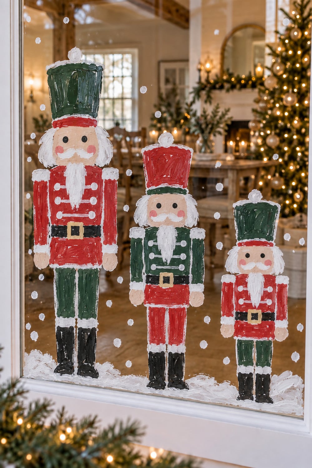 nutcracker-christmas-window-painting.jpgThree colorful nutcrackers painted on a window with falling snow.