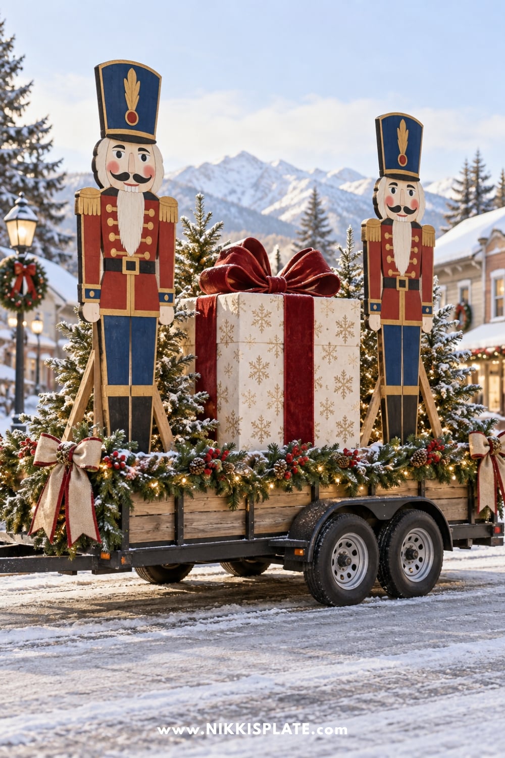 Two nutcracker cutouts flanking a giant wrapped gift on a Christmas float