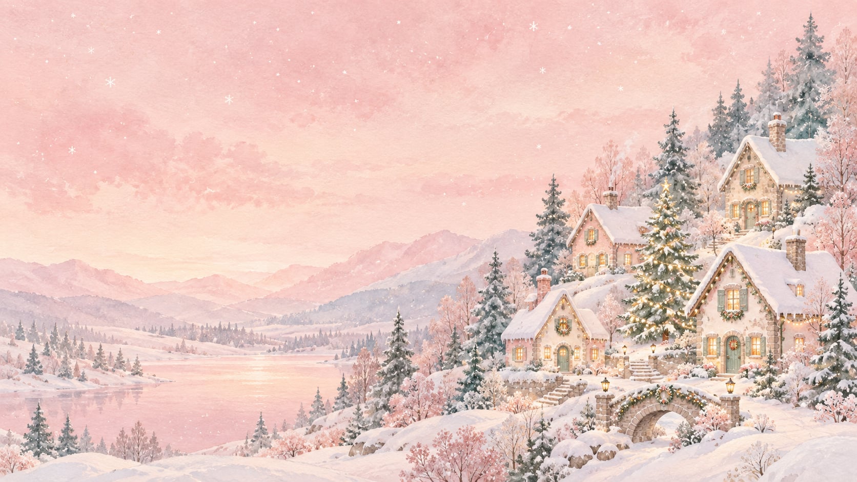 Blush pink Christmas desktop wallpaper with snowy cottages, glowing windows, a decorated tree, and a peaceful mountain lake.