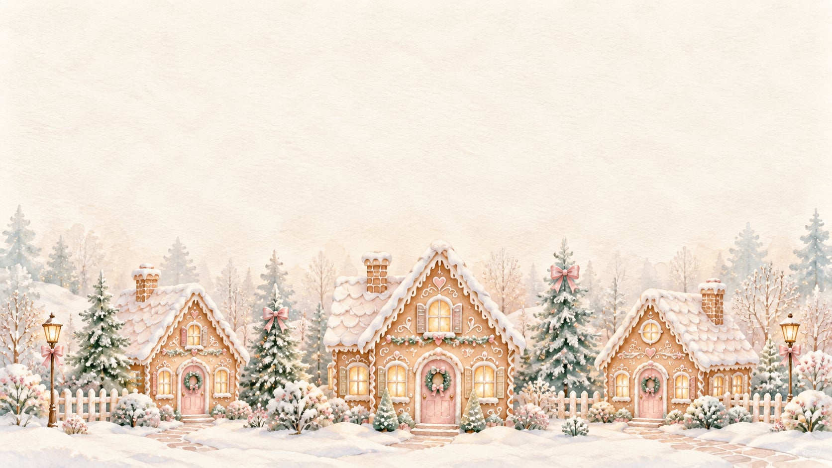 Three gingerbread houses with white icing, blush pink doors, wreaths, and glowing windows beneath a spacious cream background.