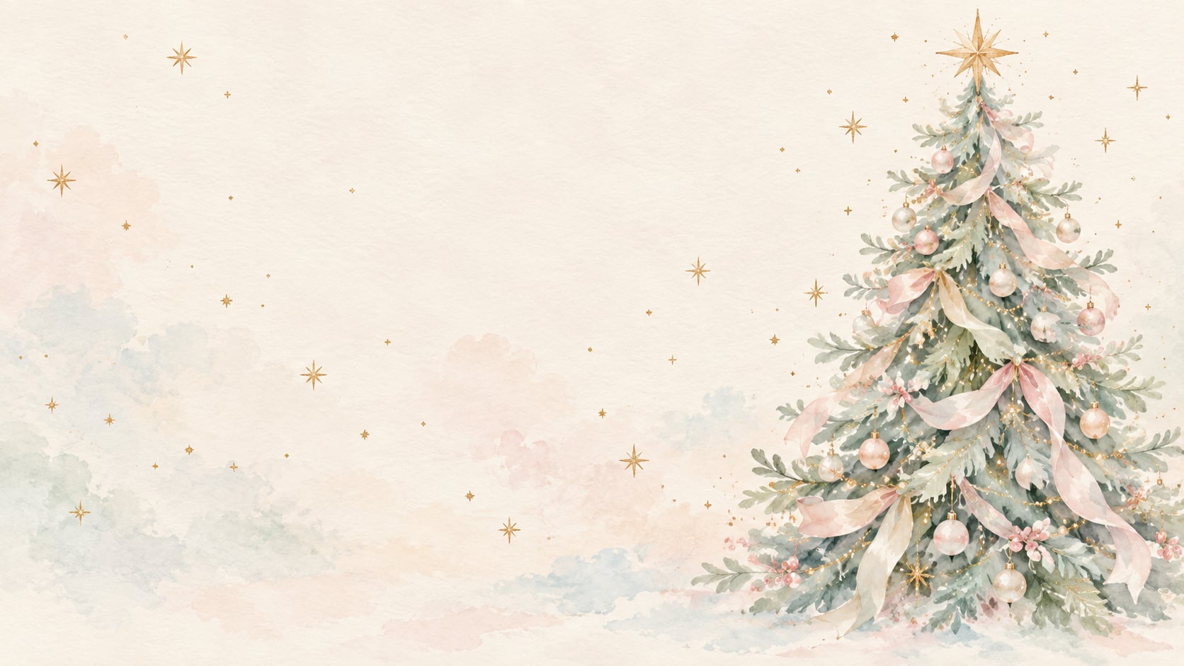 Watercolor mint Christmas tree with blush ribbons, pastel ornaments, and scattered gold stars on a warm ivory background.