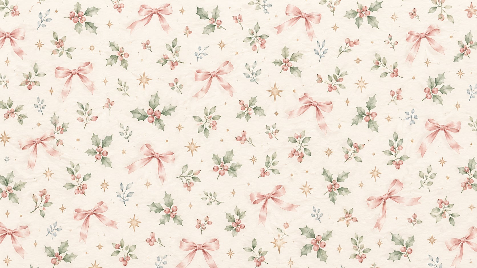 Pastel Christmas wallpaper pattern with pink bows, sage holly leaves, blush berries, and gold stars on cream.