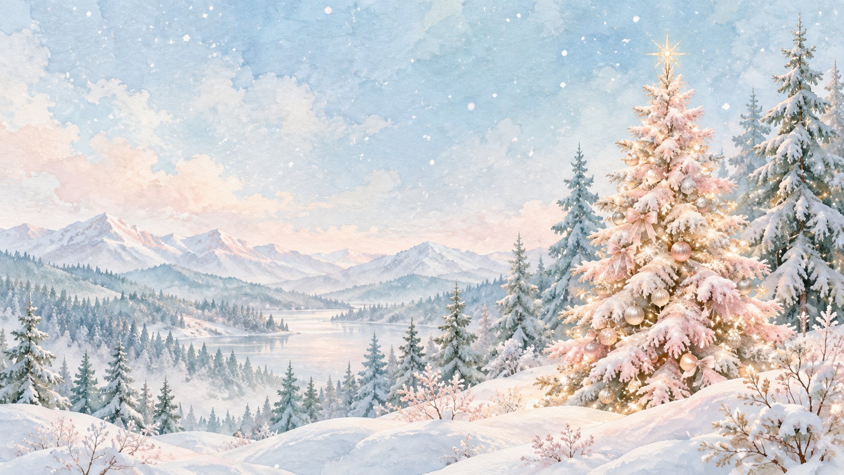 Powder-blue snowy forest and mountain lake with a blush Christmas tree decorated with pink bows, ornaments, and golden lights.
