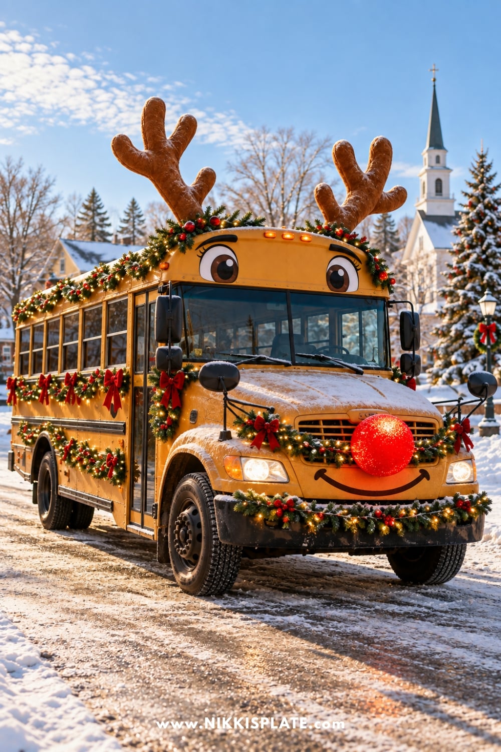 School bus decorated as a reindeer with antlers, a red nose, greenery and Christmas lights