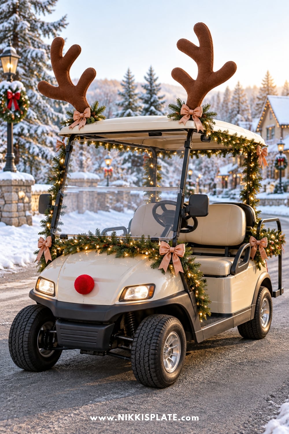 Golf cart decorated with reindeer antlers, a red nose, greenery and Christmas lights