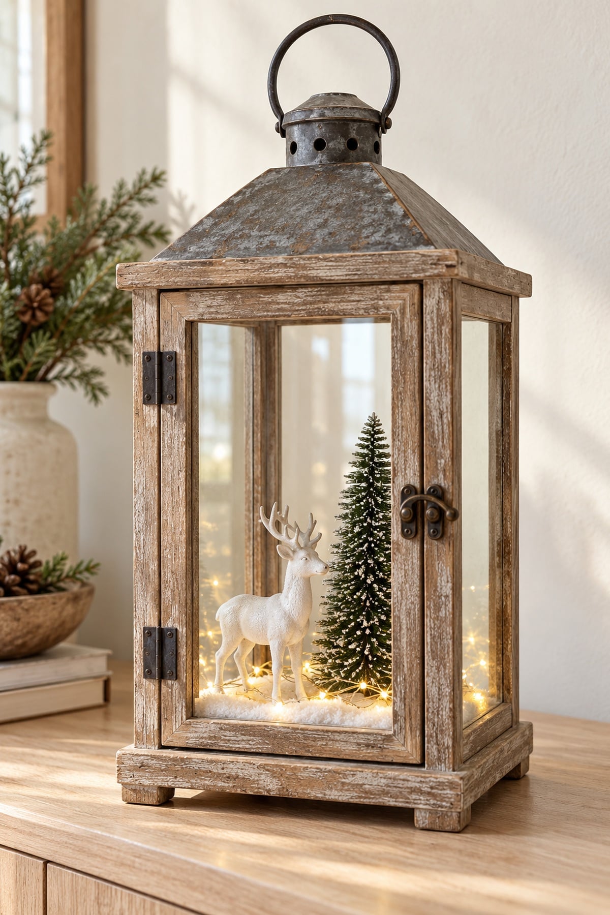 ustic wooden Christmas lantern holding a white deer figurine, a green bottlebrush tree, and warm fairy lights.