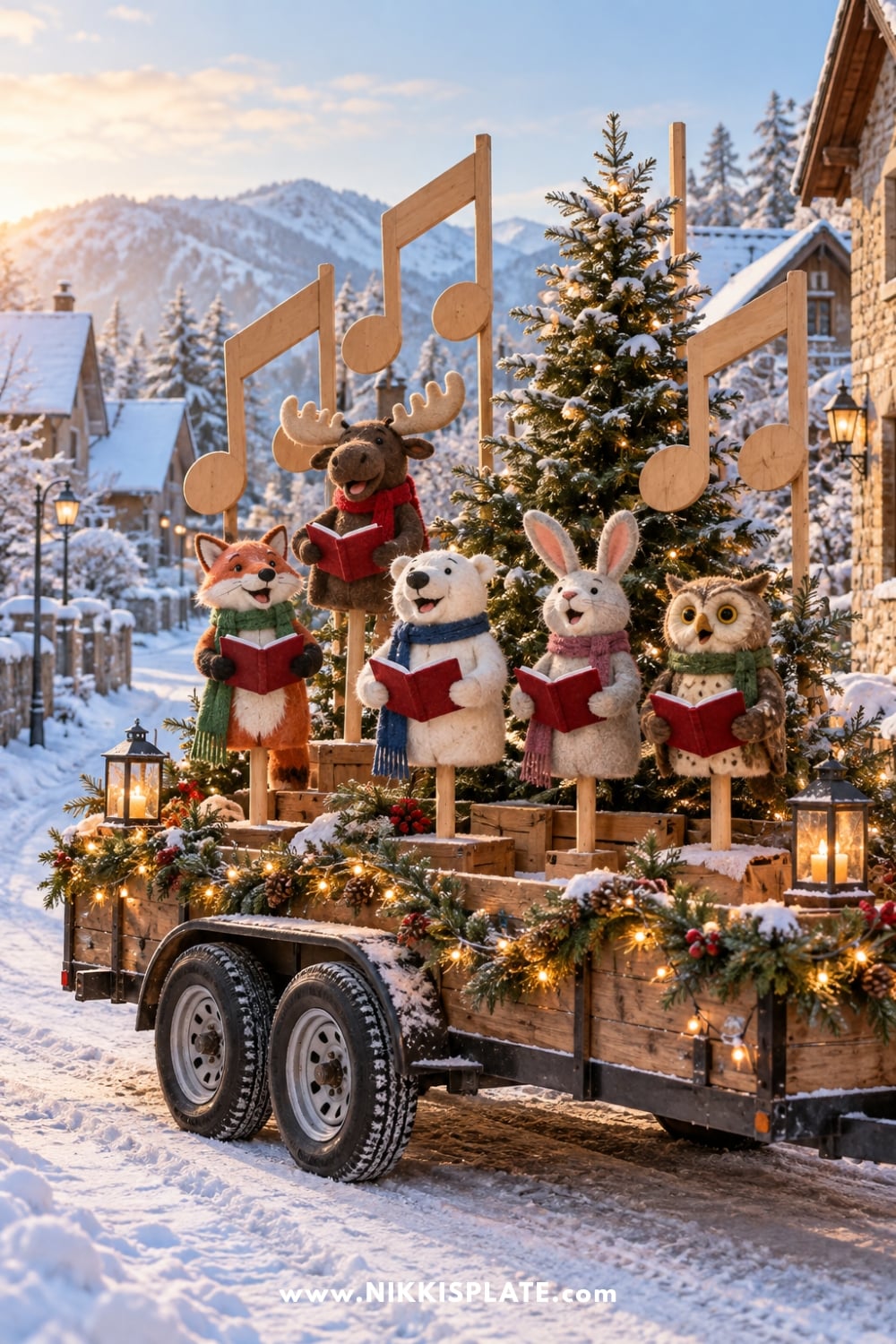 Five animal puppet singers with songbooks on a Christmas float decorated with music notes