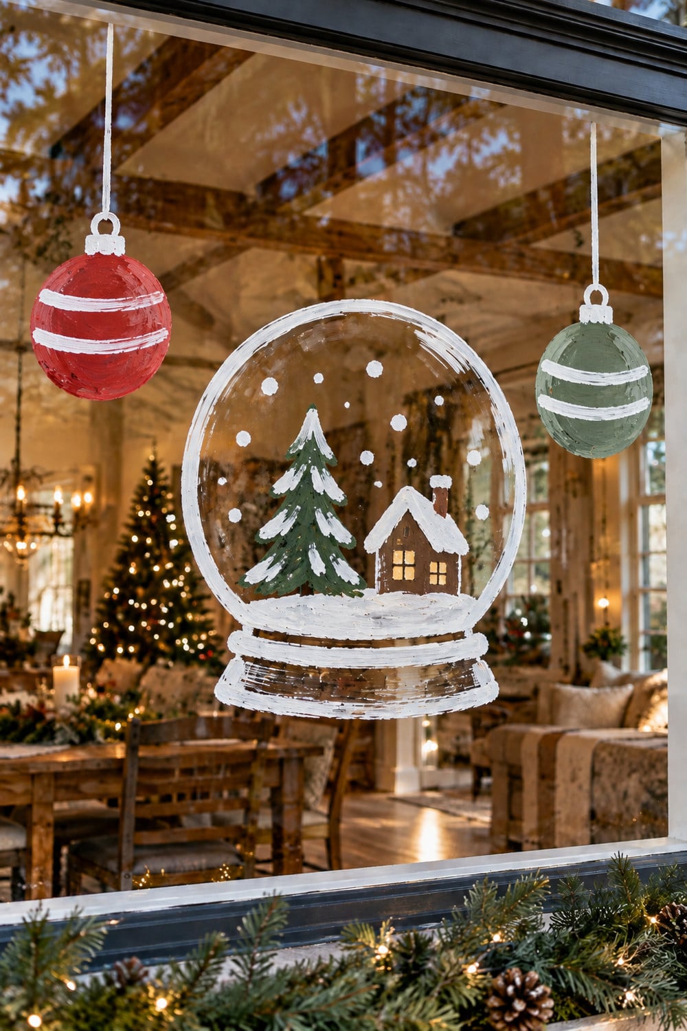 Painted snow globe with a snowy tree and house, framed by red and green ornaments on a window.