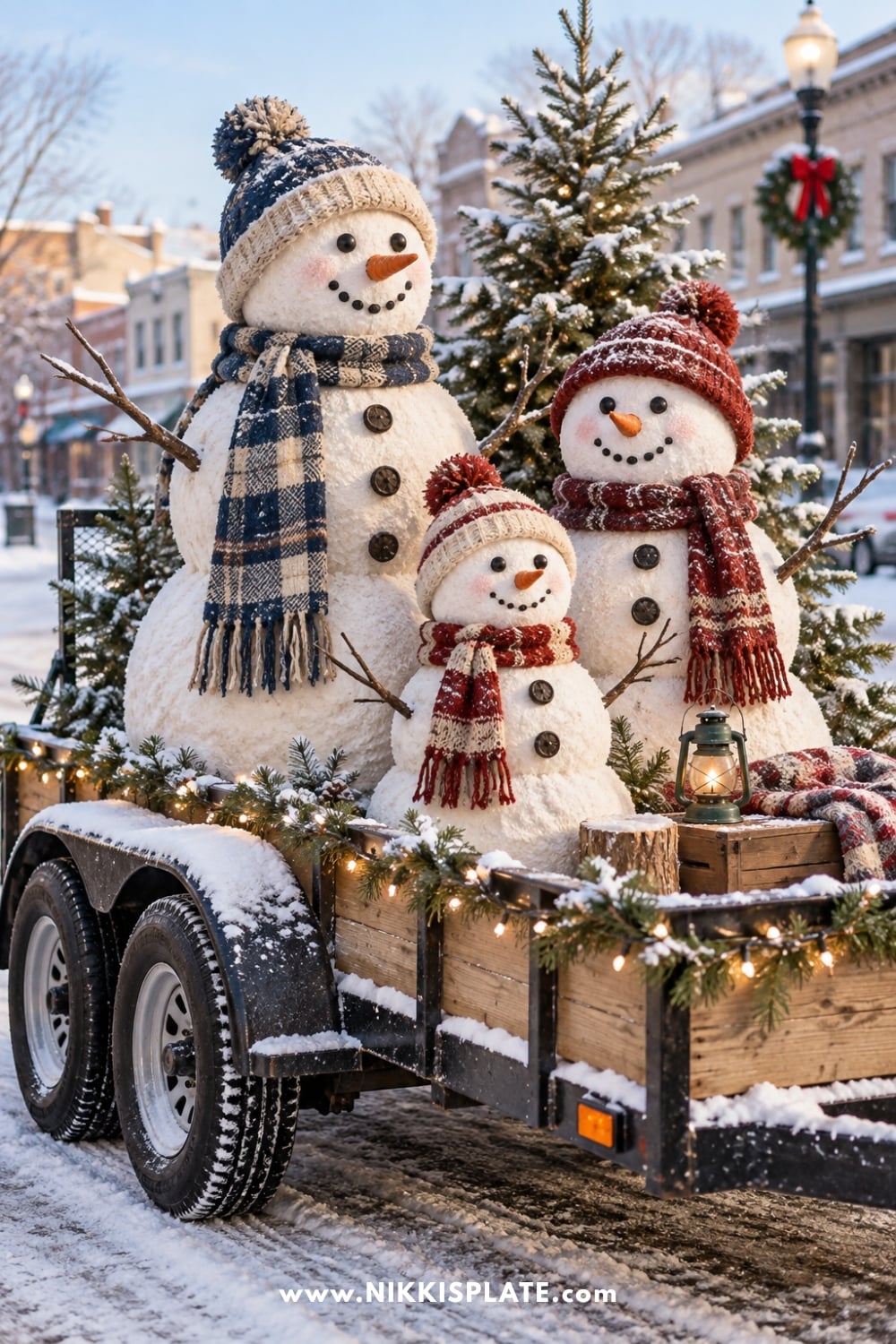 Three snowmen in winter hats and scarves on a Christmas float with a tree and lantern