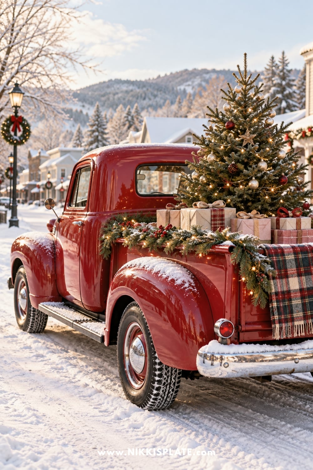 Red pickup truck carrying a lighted Christmas tree and wrapped presents