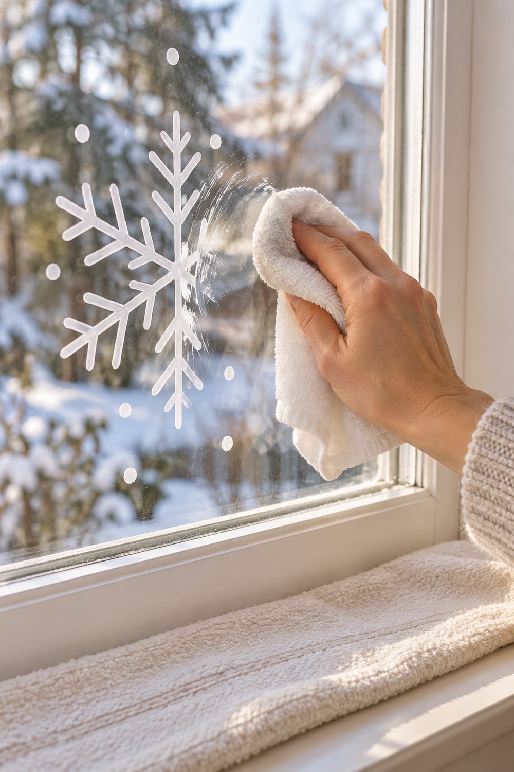 Hand wiping washable Christmas window drawing from glass with a damp cloth.