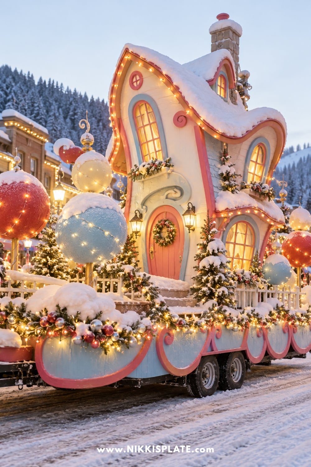 WhoVille inspired christmas float. Whimsical pastel cottage float with a curved roof, oversized ornaments and Christmas lights