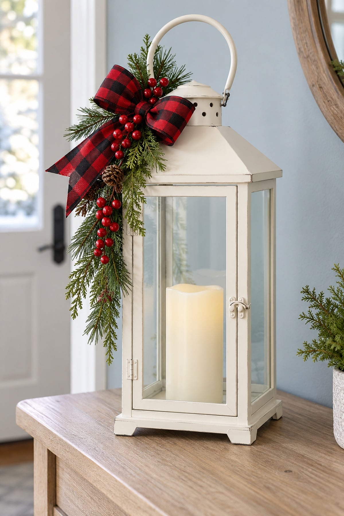 White Christmas lantern with an ivory flameless candle, red-and-black buffalo plaid bow, evergreen sprigs, and red berries.