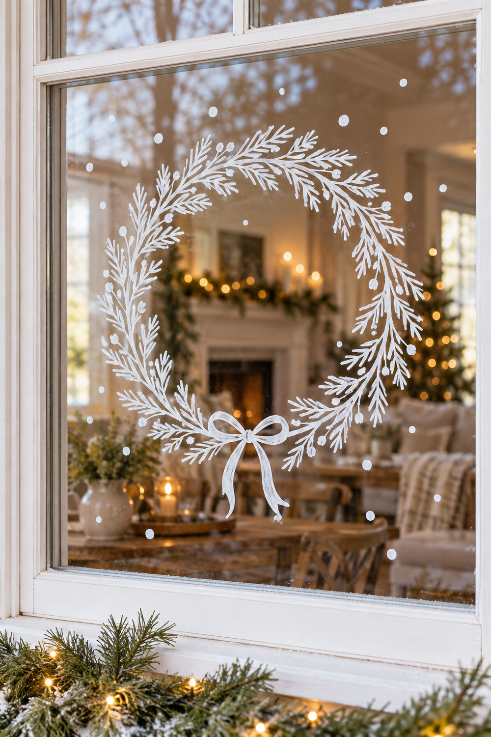 White evergreen wreath and small bow drawn on a Christmas window, with scattered snow dots.