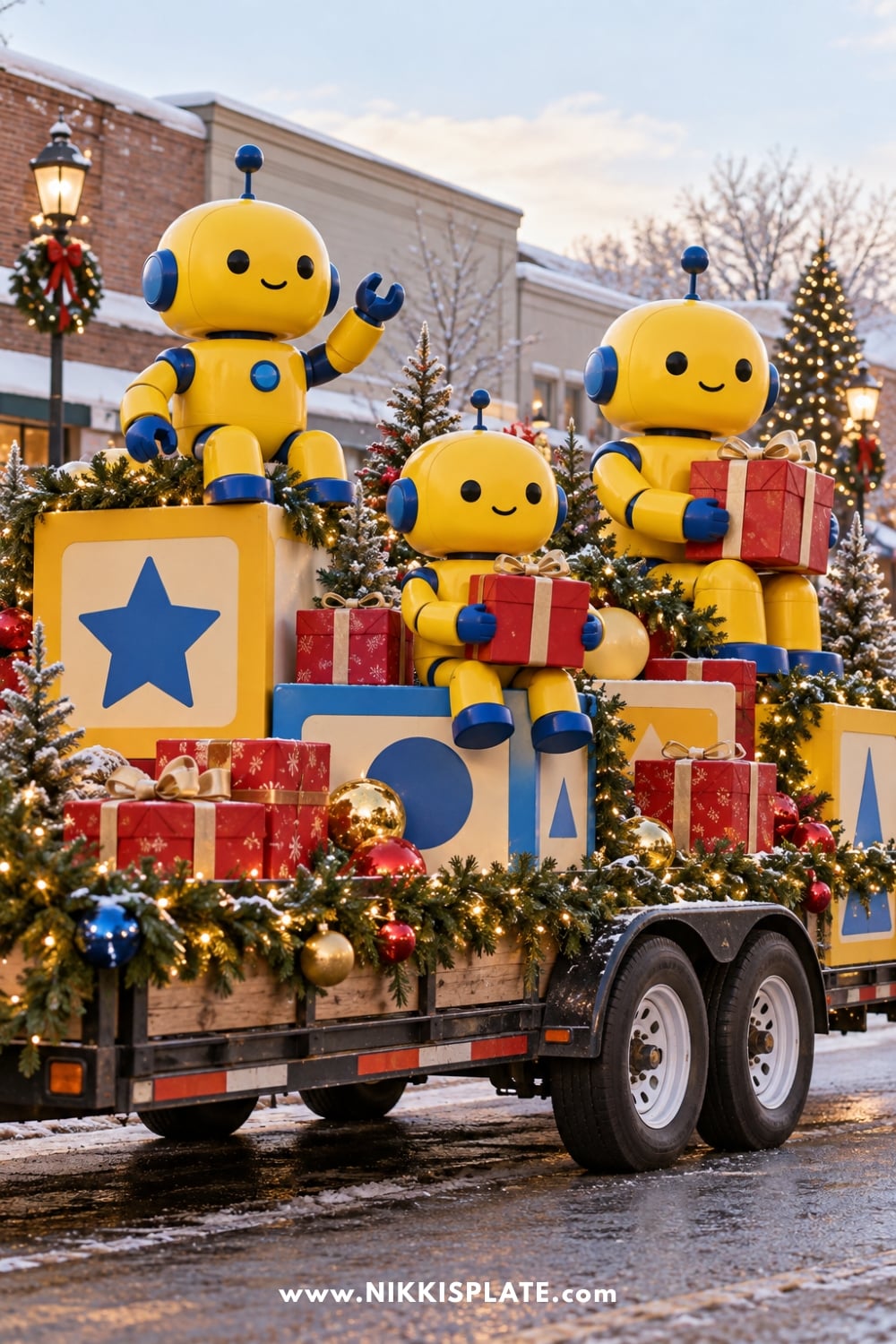 Three yellow and blue toy robots with wrapped presents on a Christmas parade float