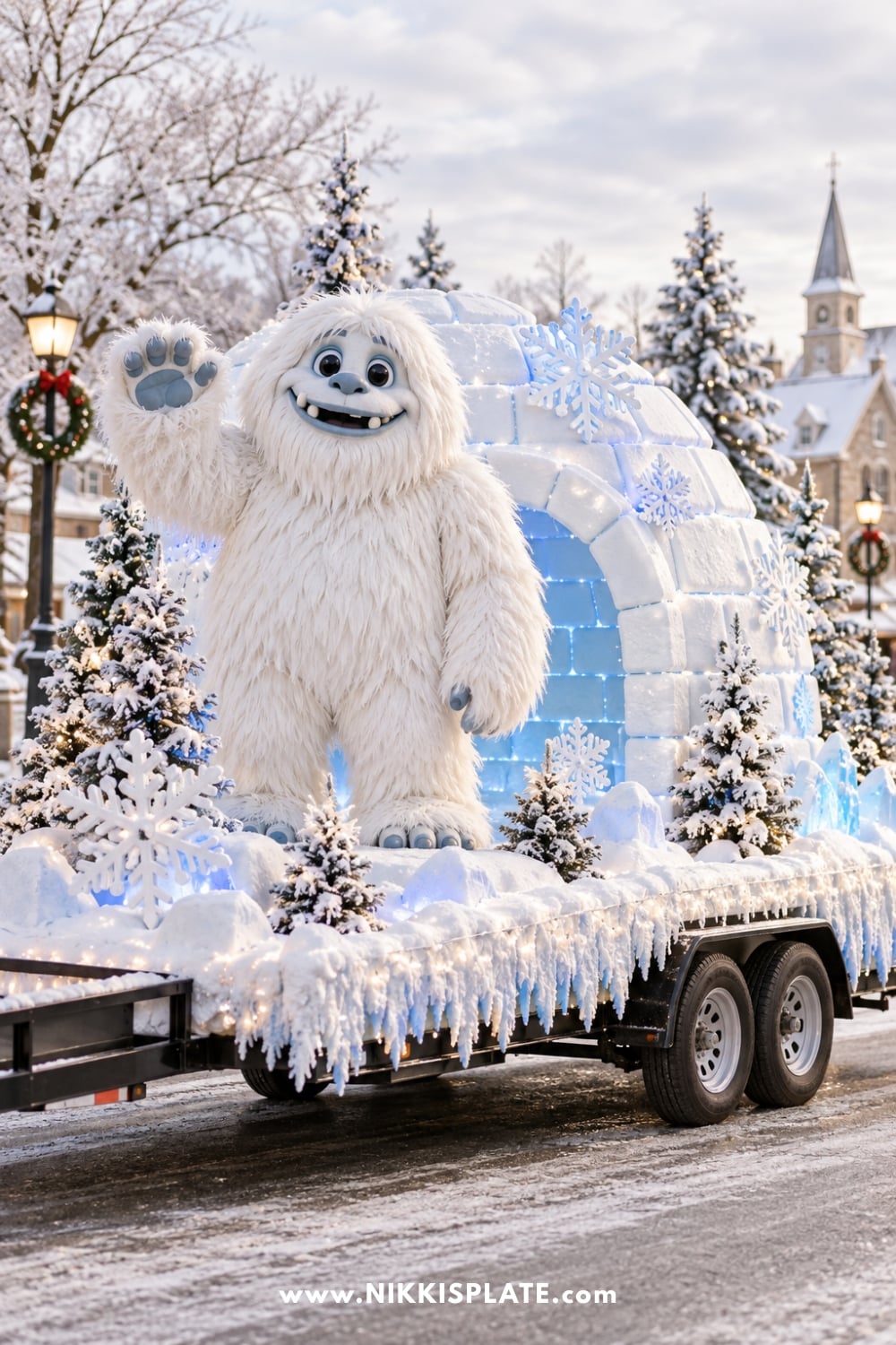 Friendly white yeti float in front of an igloo with blue lights and snowflake decorations