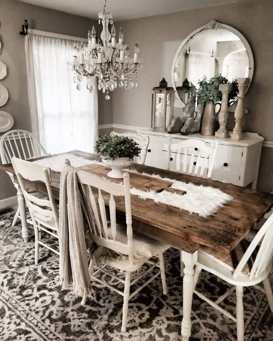 Tips to Design a Beautiful Dining Room Around a Farmhouse Table; Here are some helpful tricks to use when designing your rustic farmhouse dining room!