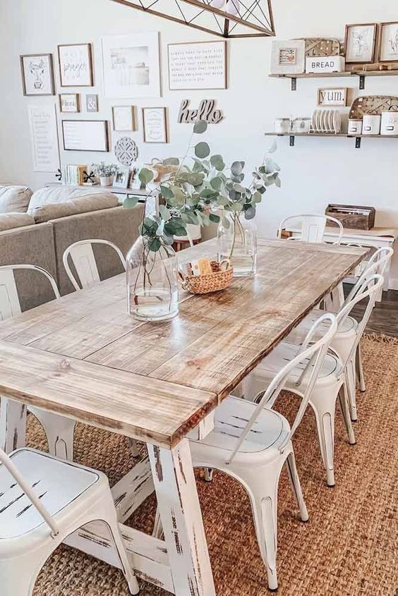 Tips to Design a Beautiful Dining Room Around a Farmhouse Table; Here are some helpful tricks to use when designing your rustic farmhouse dining room!