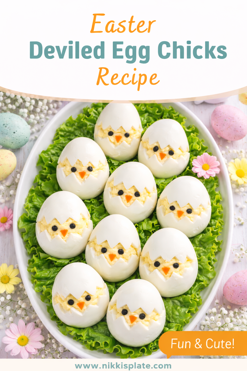 Pinterest pin graphic for Easter deviled egg chicks recipe featuring deviled egg chicks on a platter with the text