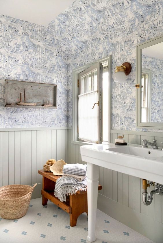 European Cottage Interiors - blue and white bathroom with wallpaper