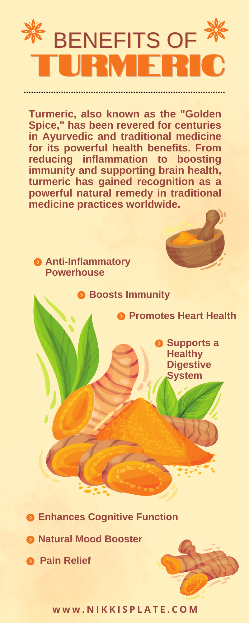 Benefits of Turmeric; Food and drink, diet nutrition, health care concept. Raw organic orange turmeric root and powder, curcuma longa on a cooking table. Indian oriental low cholesterol spices.