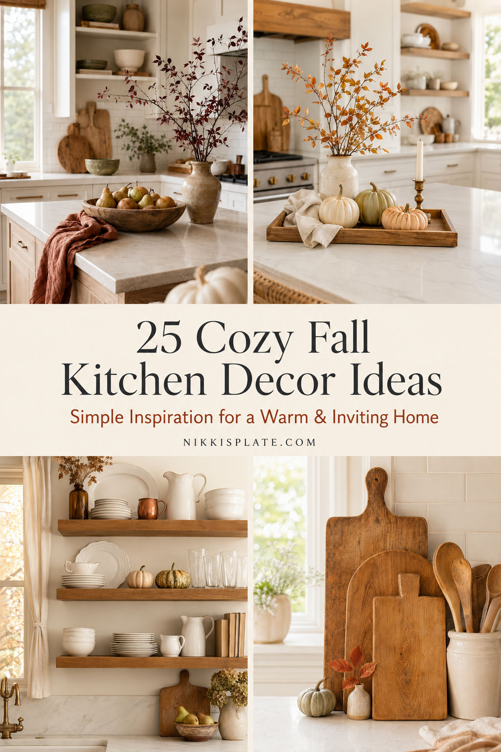 Four-image collage of cozy fall kitchen decor ideas featuring heirloom pumpkins, autumn branches, warm wood accents, styled open shelves and a seasonal farmhouse kitchen counter.
