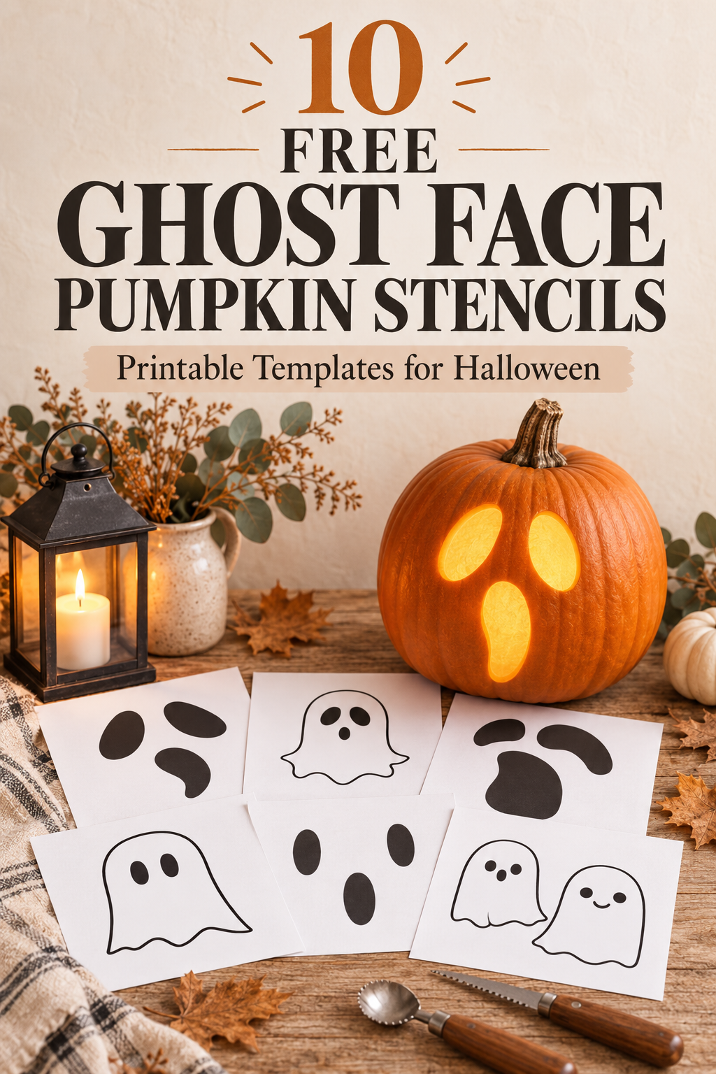 Looking for a spooky pumpkin carving idea? Download 10 free ghost face pumpkin carving stencils you can print at home and use for Halloween jack-o'-lanterns. These easy printable ghost pumpkin templates are perfect for family pumpkin carving night, Halloween parties, and front porch decorating. Save this pin for carving season! 🎃👻