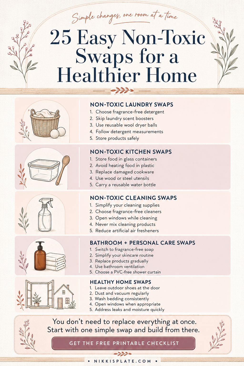 Save this beginner-friendly guide to 25 easy non-toxic swaps for a healthier home. Discover simple changes for your laundry room, kitchen, cleaning routine, bathroom, and everyday home habits-without replacing everything at once. Visit Nikki's Plate to get the free printable non-toxic living checklist.