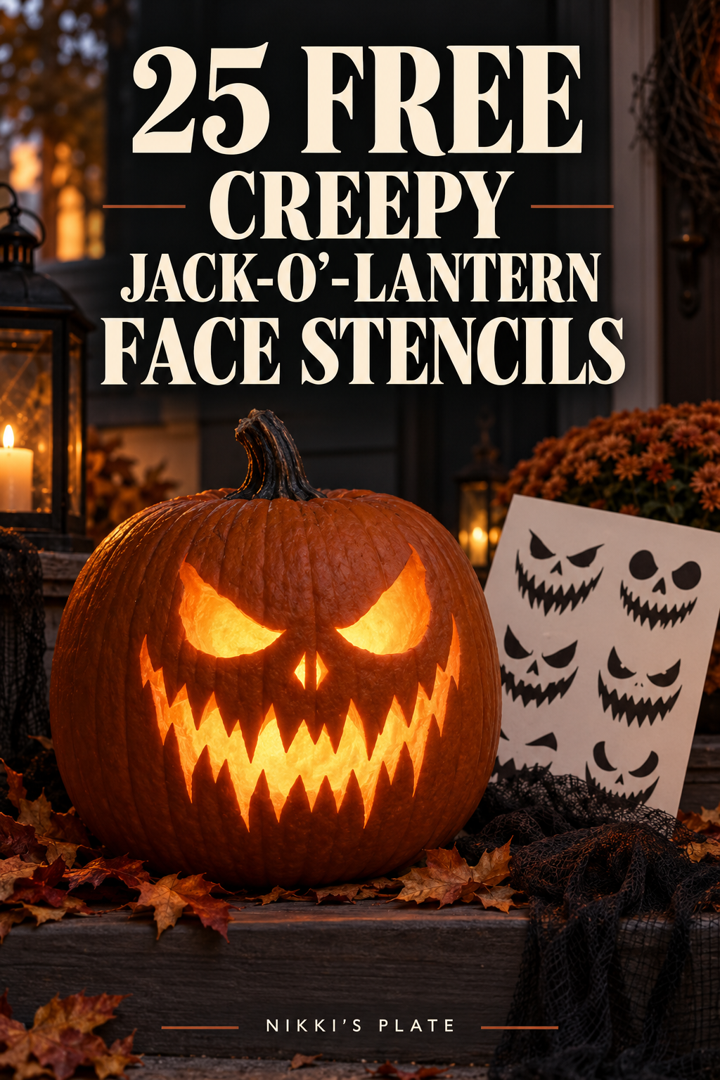 Glowing creepy jack-o'-lantern beside printable face templates for 25 free pumpkin carving stencils.