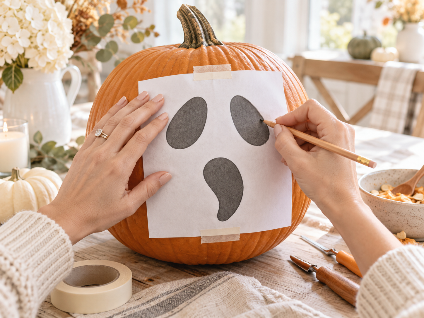 Free printable ghost face pumpkin carving stencils beside glowing carved Halloween pumpkins