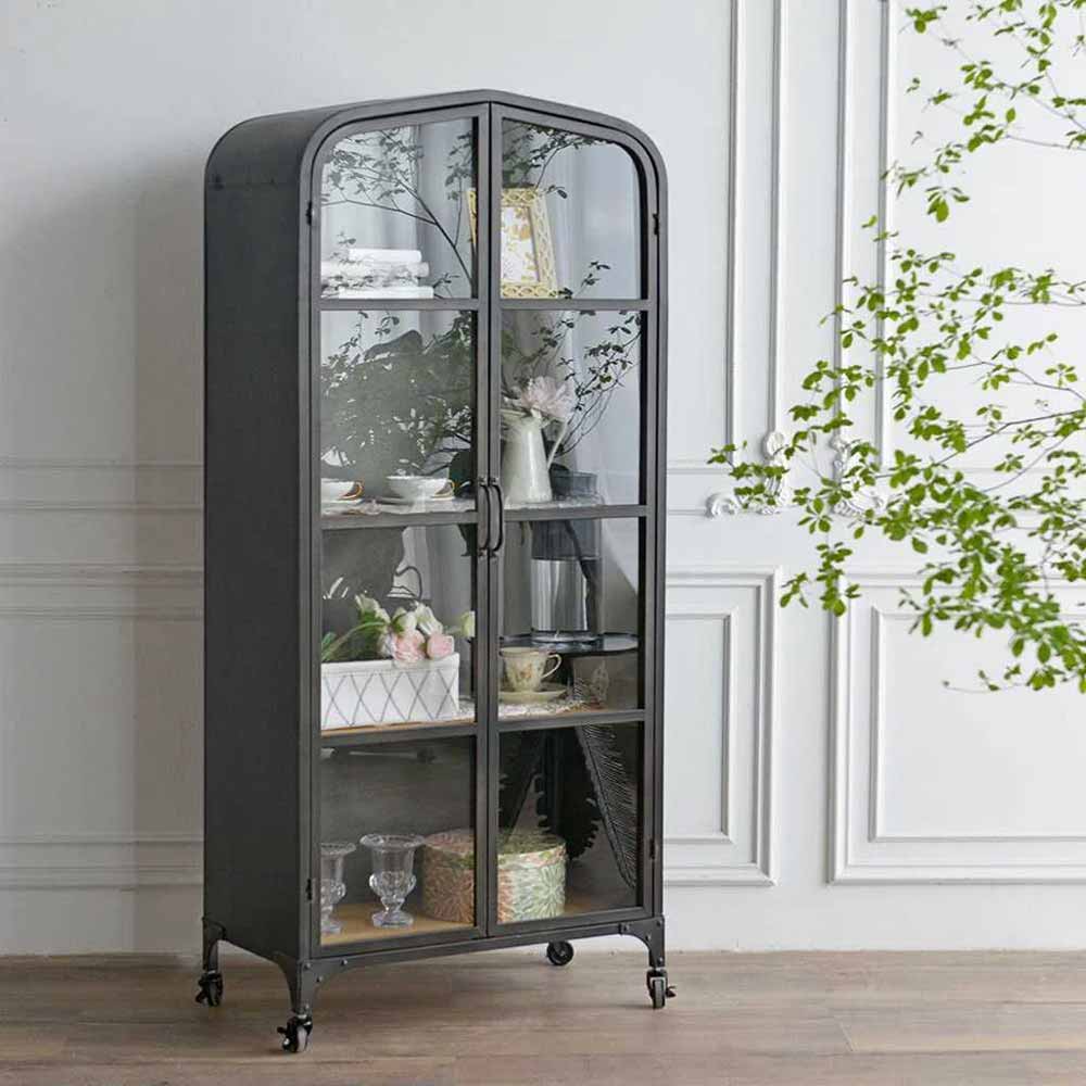 A timeless piece that effortlessly complements any room in your home. Crafted with a robust iron frame and hand-welded for added stability, this cabinet showcases a simple and generous design that adds a sophisticated touch to your space. It features double glass doors that lead to multiple shelves, offering ample storage. Measuring 62.2" H x 27.56" W x 14.96" D, this elegant, black geometric-styled cabinet is ready to accommodate your storage needs while adding personality to your living space.