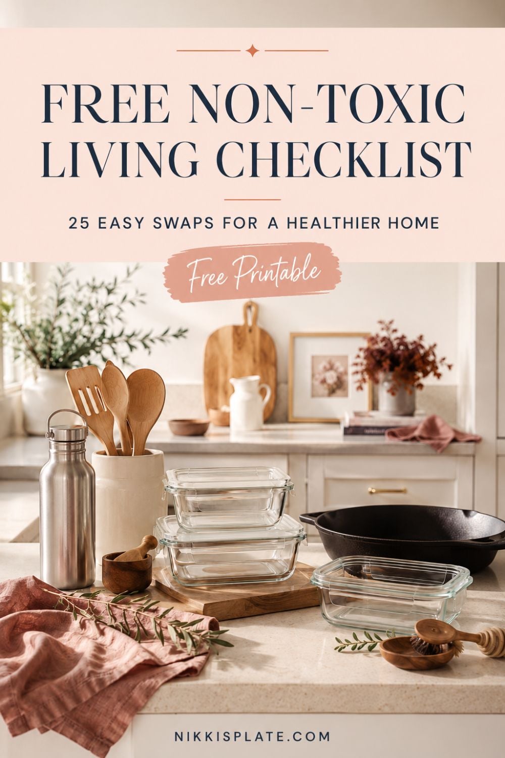 Ready to create a healthier home without replacing everything at once? Download this free non-toxic living checklist with 25 simple swaps for your kitchen, laundry room, bathroom, personal care routine, and more. This beginner-friendly printable makes low-tox living feel realistic, affordable, and easy to start. Save this pin for simple non-toxic home ideas you can work through one step at a time.