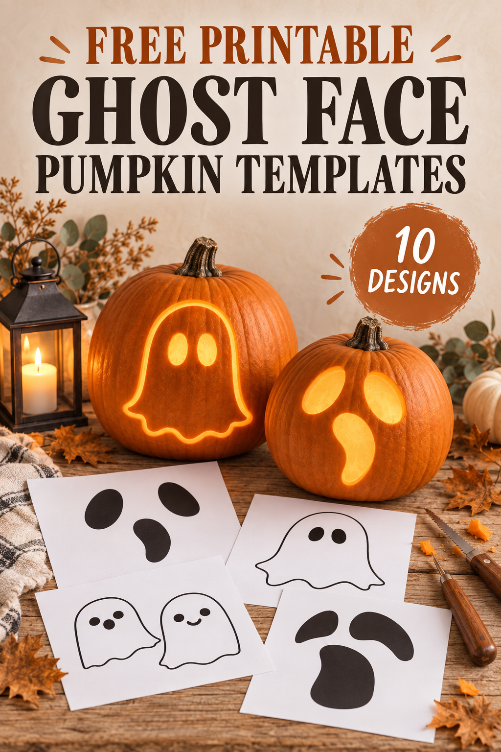 Grab these free printable ghost face pumpkin templates for Halloween! This collection includes 10 spooky and easy ghost pumpkin carving stencils you can print, trace, and carve at home. Perfect for creating fun glowing jack-o'-lanterns with simple printable designs. Save for your Halloween pumpkin carving ideas!
