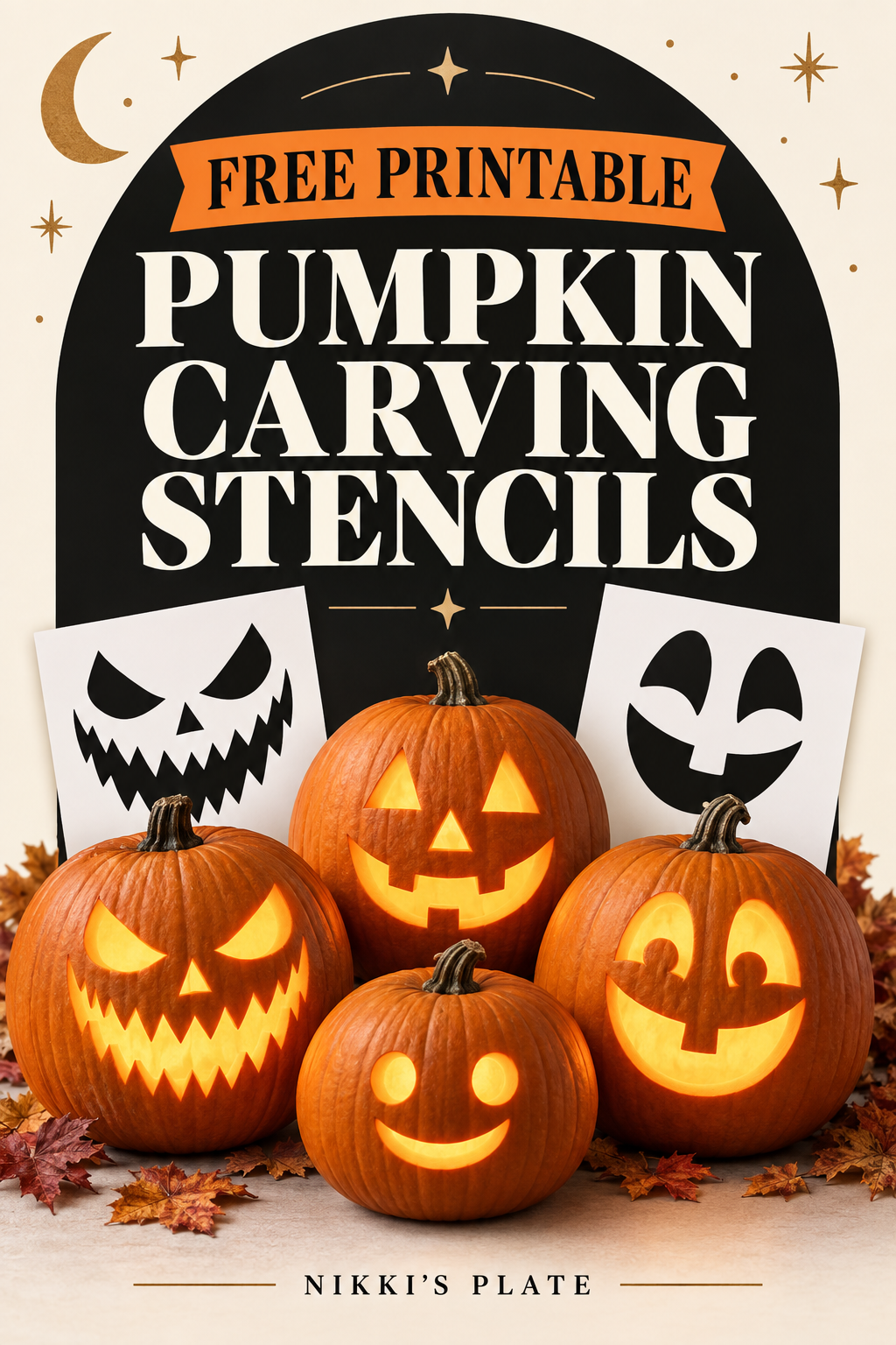 Four glowing jack-o'-lanterns with scary, funny and classic faces promoting free printable pumpkin carving stencils.
