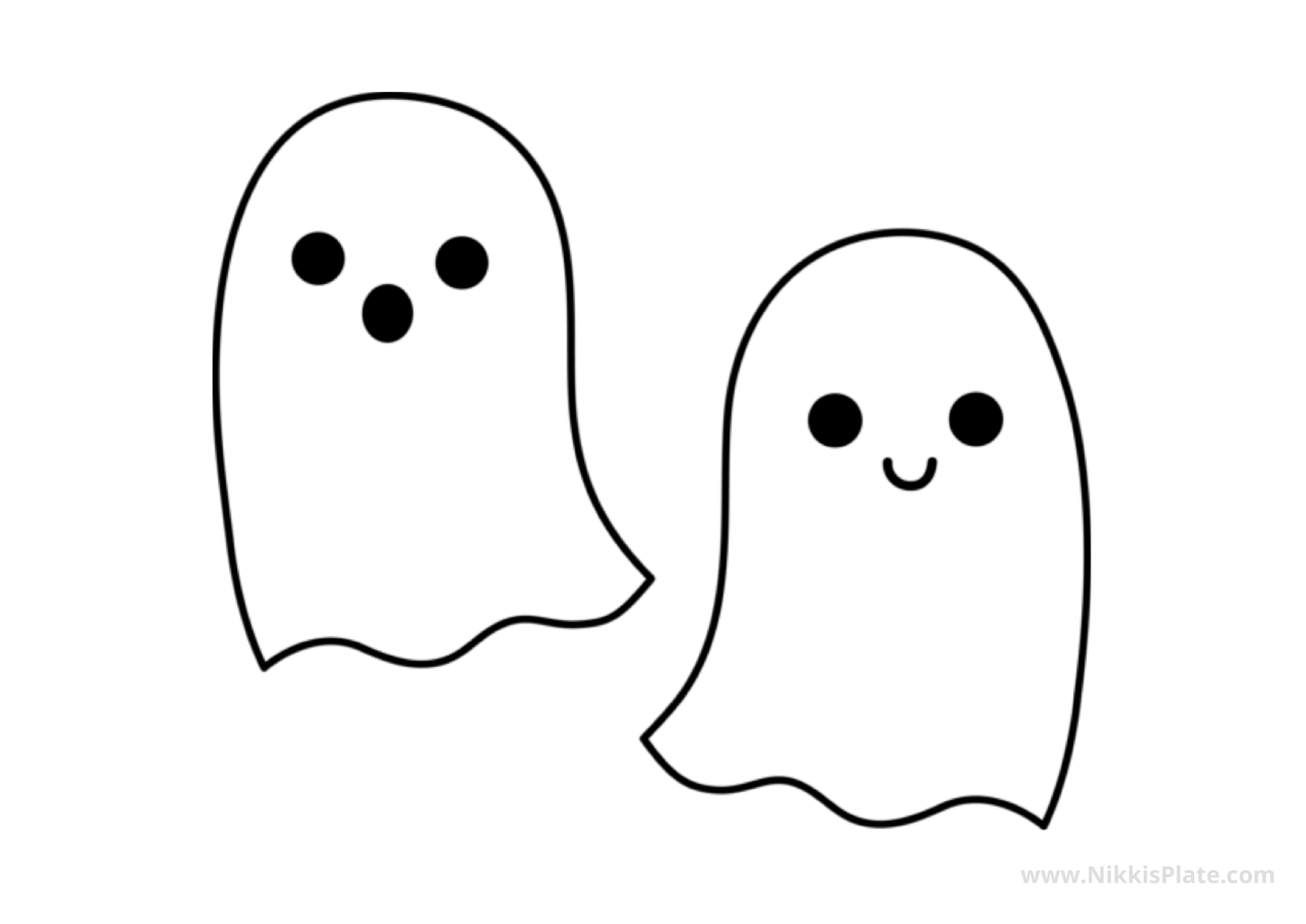 Printable ghost pumpkin carving stencil featuring two cute friendly ghosts