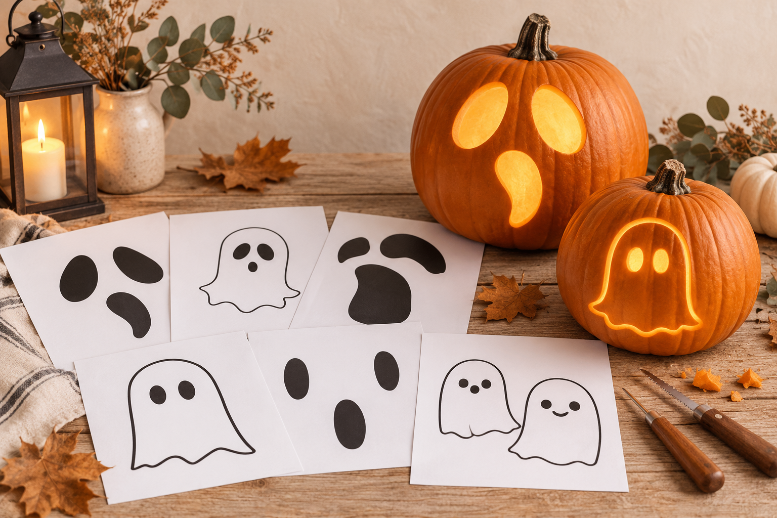 Free printable ghost face pumpkin carving stencils beside glowing carved Halloween pumpkins