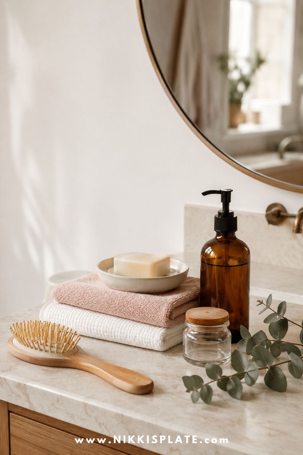 Amber soap dispenser, bar soap, wooden hairbrush, and folded towels on a warm neutral bathroom vanity.