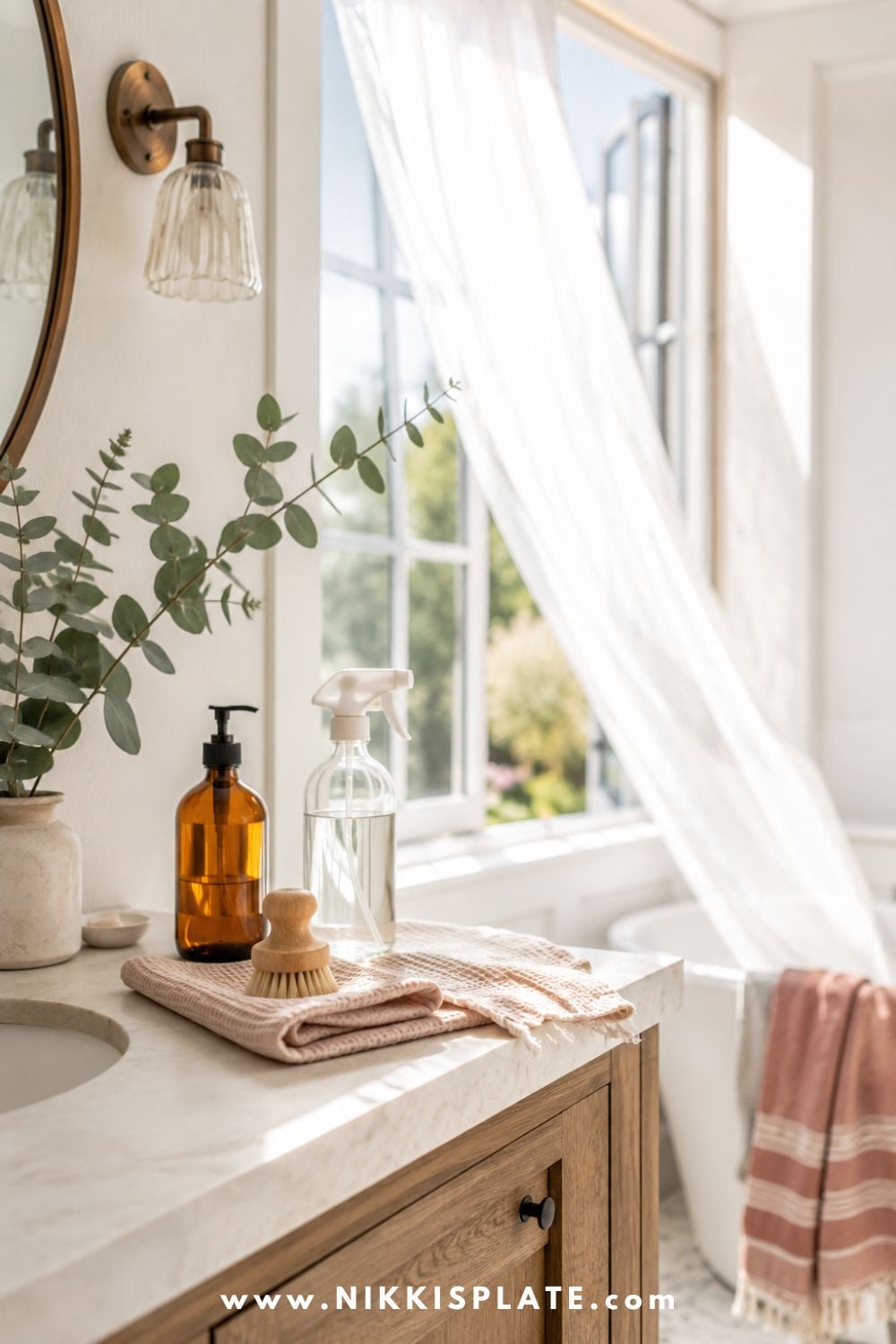 Bright farmhouse bathroom with an open window, natural cleaning bottles, a wooden scrub brush, eucalyptus, and folded blush towels on a pale stone vanity.
