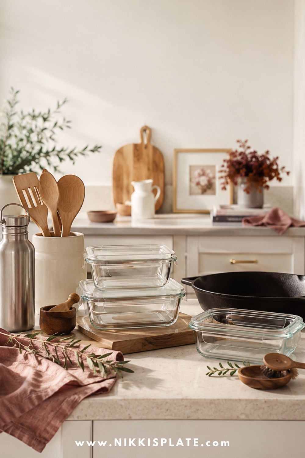 Glass food containers, wooden utensils, cast iron cookware, and a reusable water bottle in a bright farmhouse kitchen.