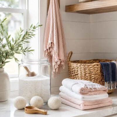 Bright farmhouse laundry room with powdered detergent in a glass jar, wool dryer balls, folded blush and white towels, a wooden scoop, woven basket, and fresh greenery.