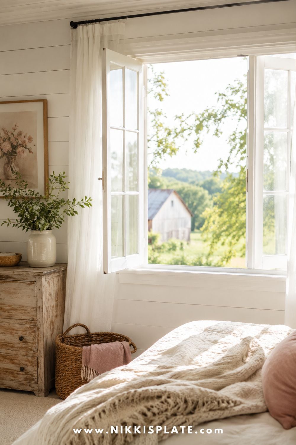 Open farmhouse bedroom window with flowing curtains, fresh greenery, and a peaceful countryside view.