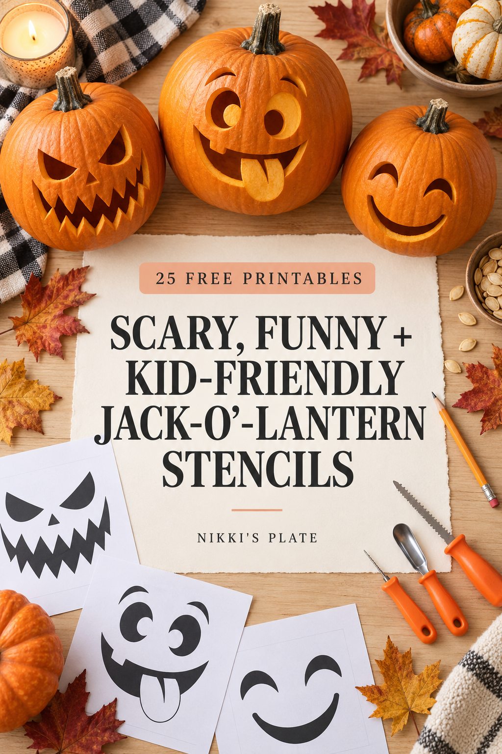 Scary, funny and kid-friendly carved pumpkins arranged with free printable jack-o'-lantern stencil pages.