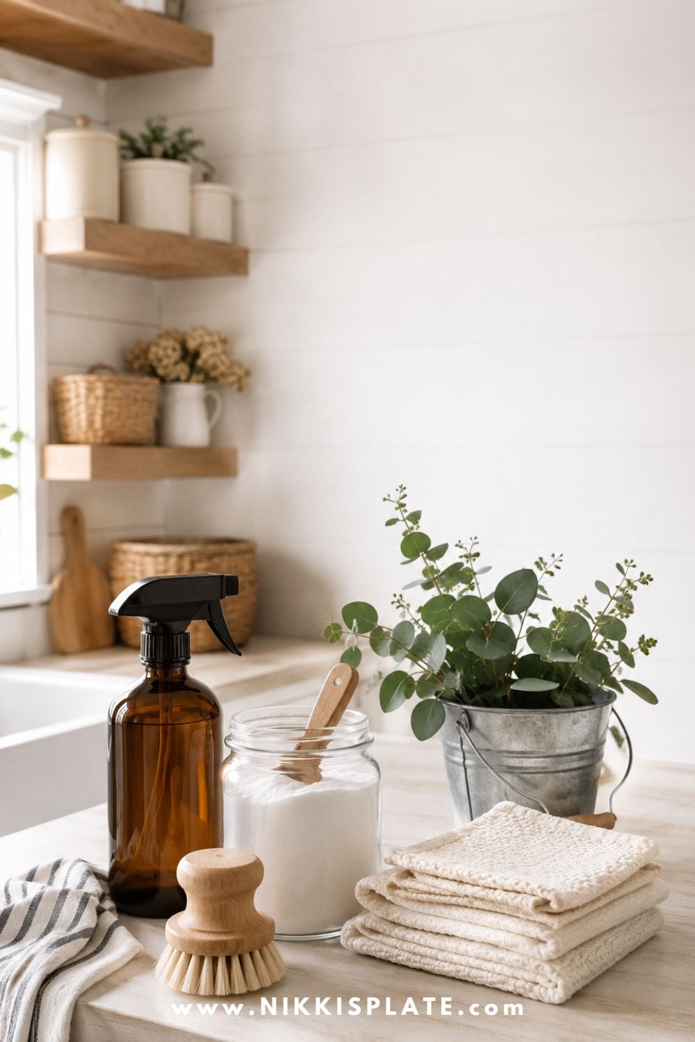 Bright modern farmhouse cleaning scene with an amber glass spray bottle, baking soda in a glass jar, wooden scrub brush, folded cream cloths, galvanized bucket, and fresh eucalyptus.