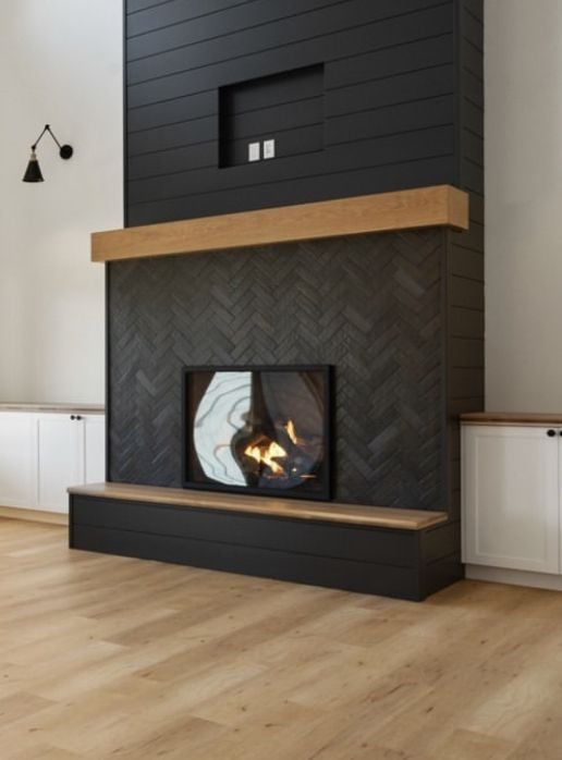 15 Black Shiplap Fireplace Ideas for a Moody Vibe; A stylish black shiplap fireplace adding a modern and elegant touch to the room.