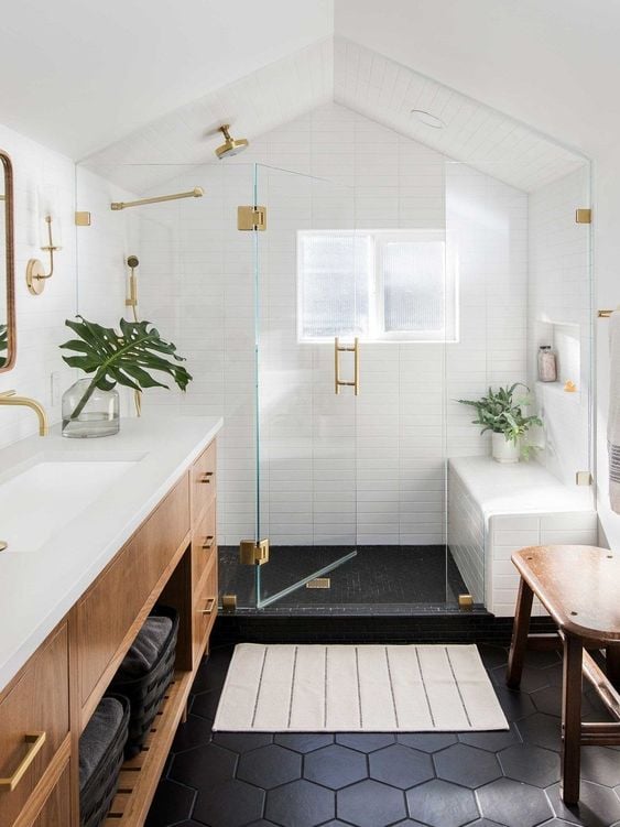 15 Black Tile Bathroom Floor Ideas: Turn your bathroom into a haven of elegance and charm with our collection of 15 stunning black tile floor ideas. Pin this inspo for unique yet stylish options to upgrade your space! 🖤