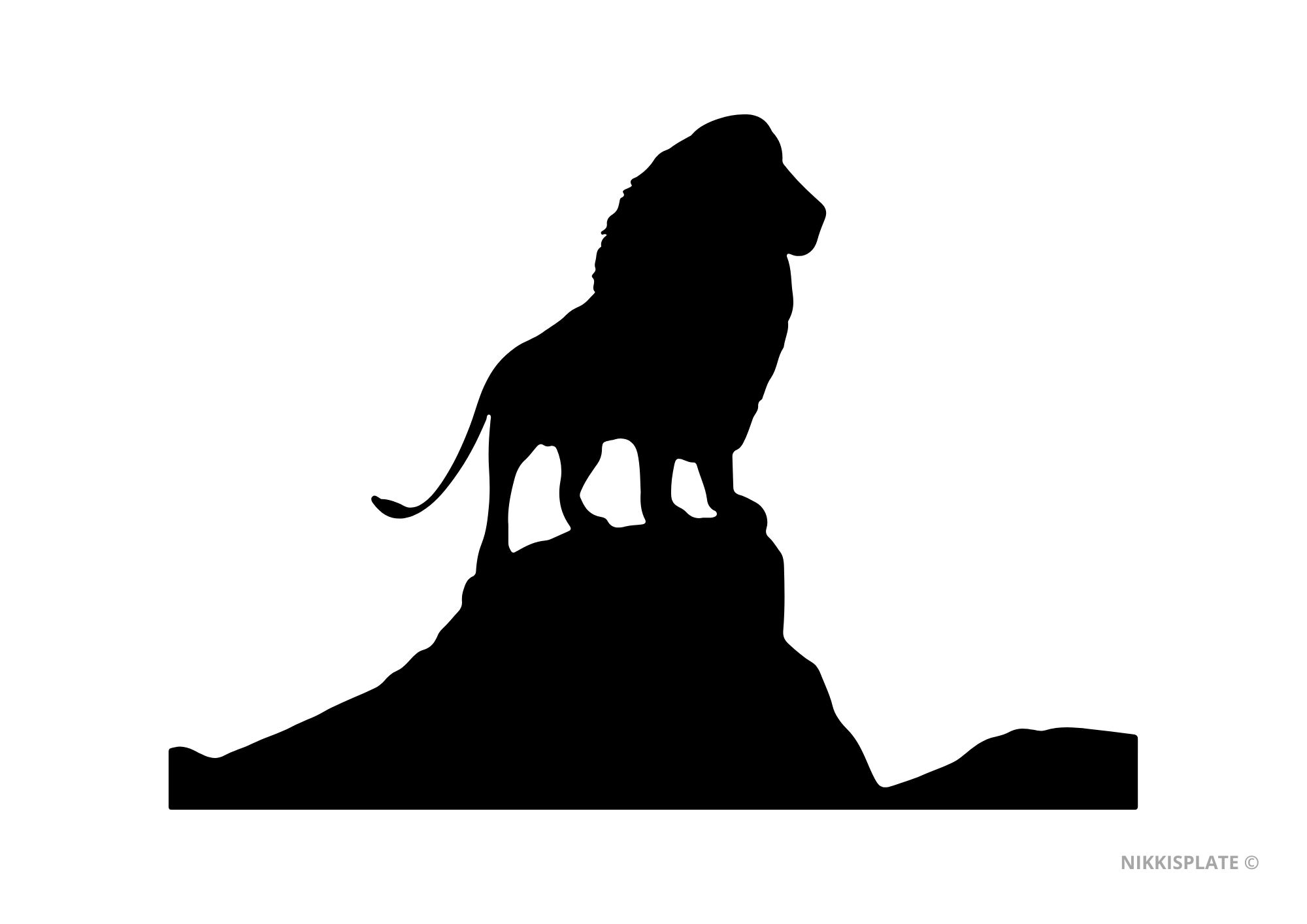 Printable Simba pumpkin carving stencil standing on rock. Lion outline