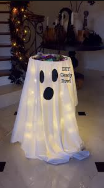DIY ghost candy bowl table covered with a white sheet, black felt eyes, and twinkle lights, filled with Halloween candy.