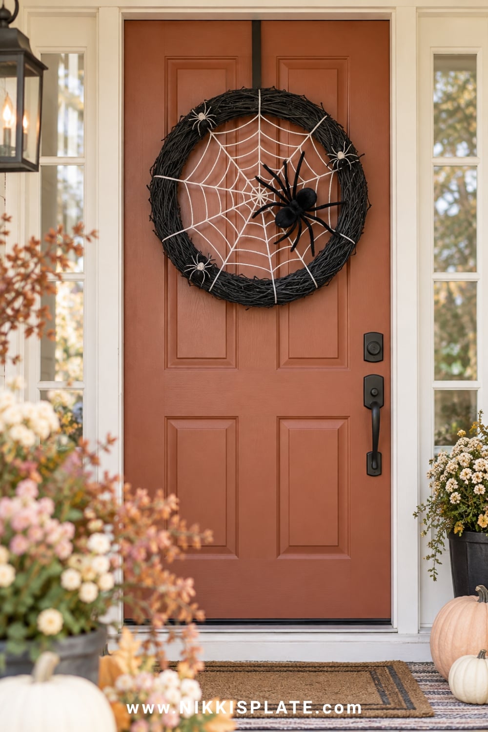 Black Halloween wreath with a white yarn spider web and oversized black spider