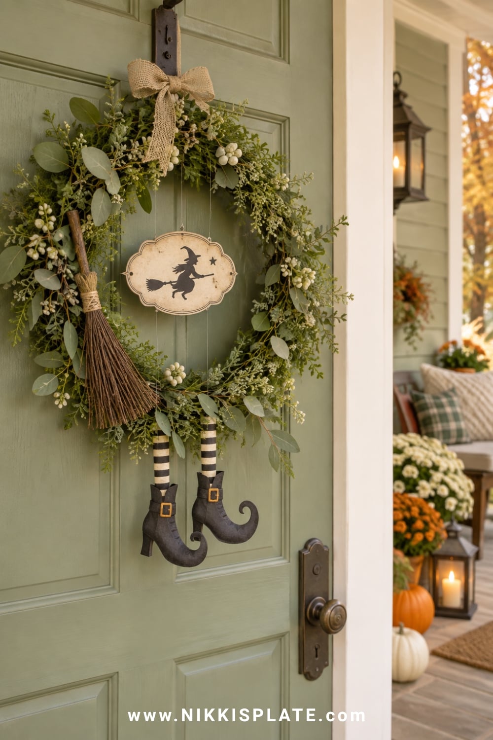 Green wreath with a miniature broom, witch boots and vintage witch plaque